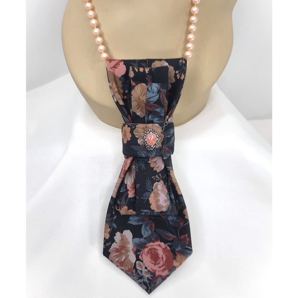 Upcycled Black Floral Tie Necklace Statement Jewel Pendant Boho Botanical OOAK